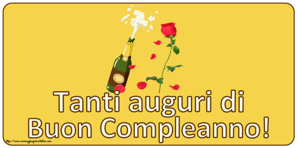 Cartoline di compleanno - Tanti auguri di Buon Compleanno! ~ disegno con uno champagne e una rosa - messaggiauguricartoline.com