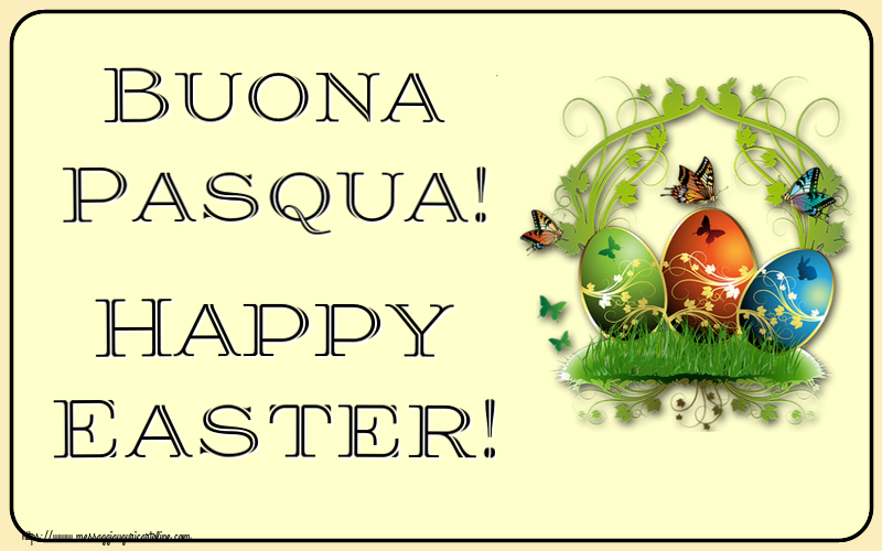 Cartoline di Pasqua - Buona Pasqua! Happy Easter! ~ composizione con uova e farfalle - messaggiauguricartoline.com
