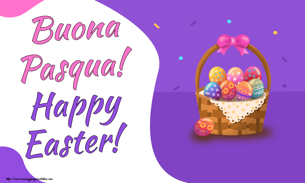 Cartoline di Pasqua - Buona Pasqua! Happy Easter! ~ disegno con uova nel cestino - messaggiauguricartoline.com