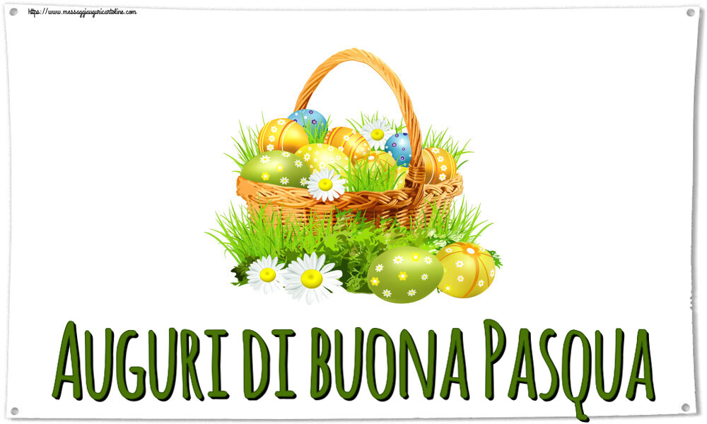 Auguri di buona Pasqua ~ uova in un cestino e fiori di campo