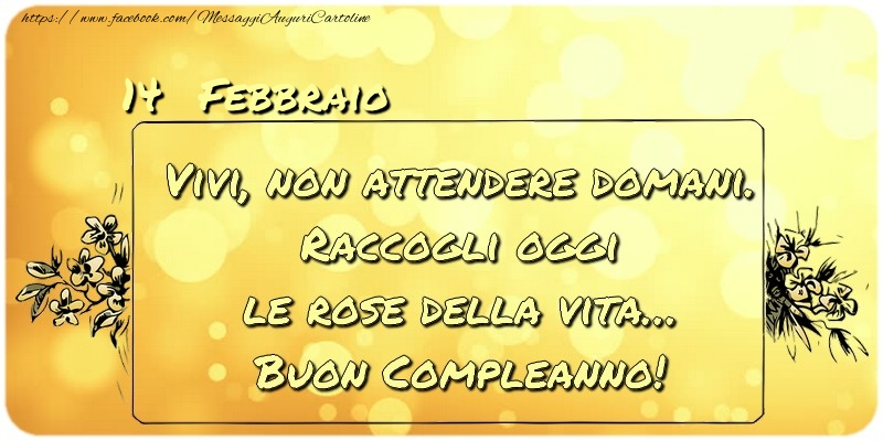 Cartoline di 14 Febbraio - Febbraio 14 Vivi, non attendere domani. Raccogli oggi le rose della vita… buon compleanno!