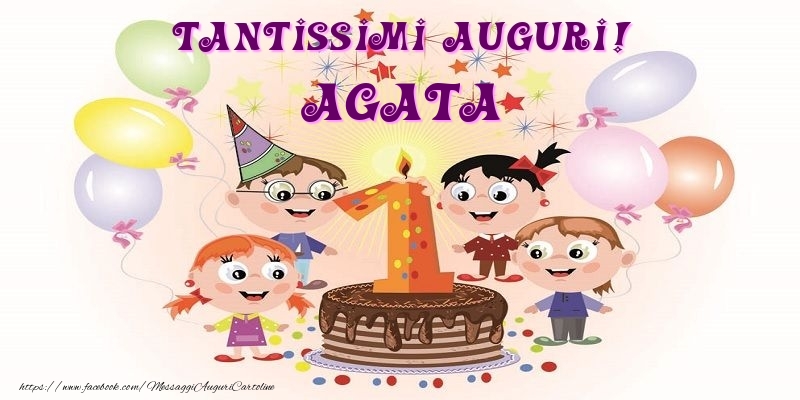 Cartoline per bambini - Animazione & Palloncini & Torta | Tantissimi Auguri! Agata