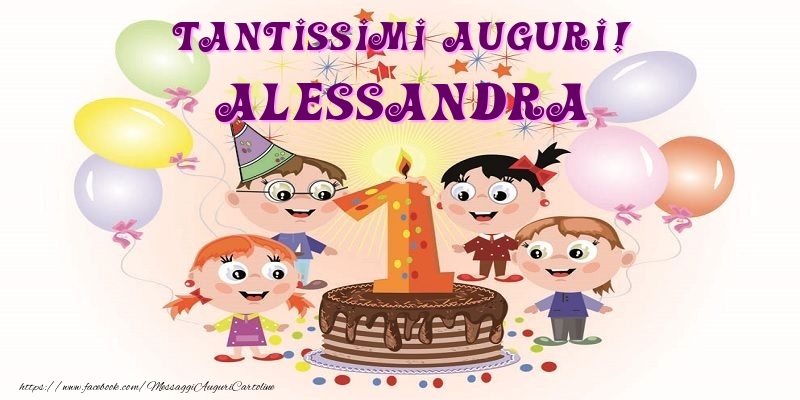 Cartoline per bambini - Animazione & Palloncini & Torta | Tantissimi Auguri! Alessandra