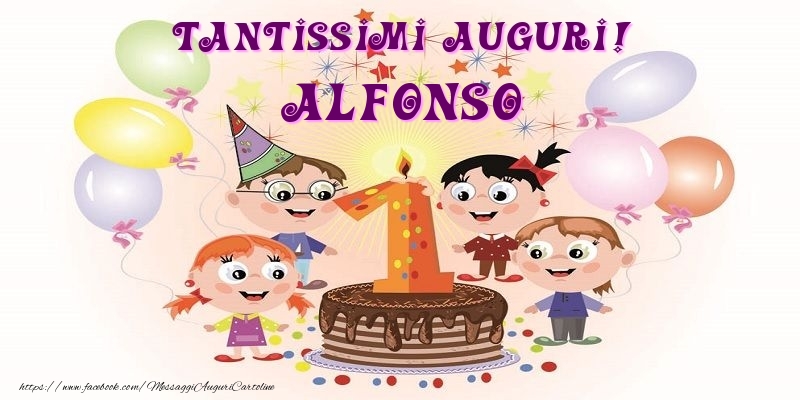 Cartoline per bambini - Animazione & Palloncini & Torta | Tantissimi Auguri! Alfonso