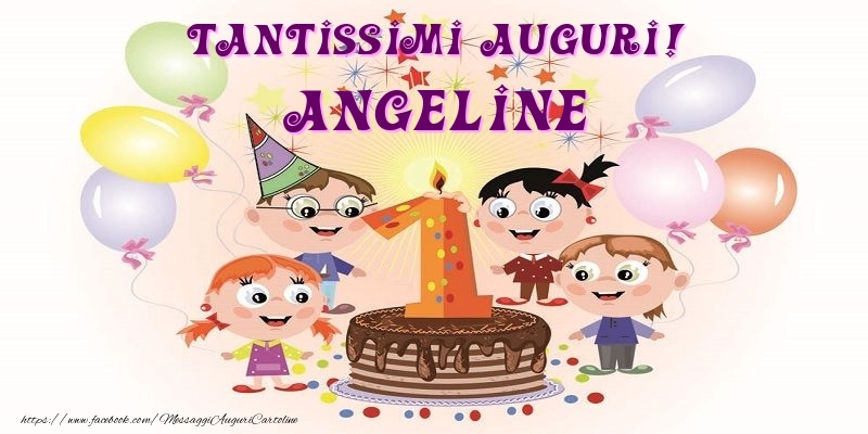 Cartoline per bambini - Animazione & Palloncini & Torta | Tantissimi Auguri! Angeline