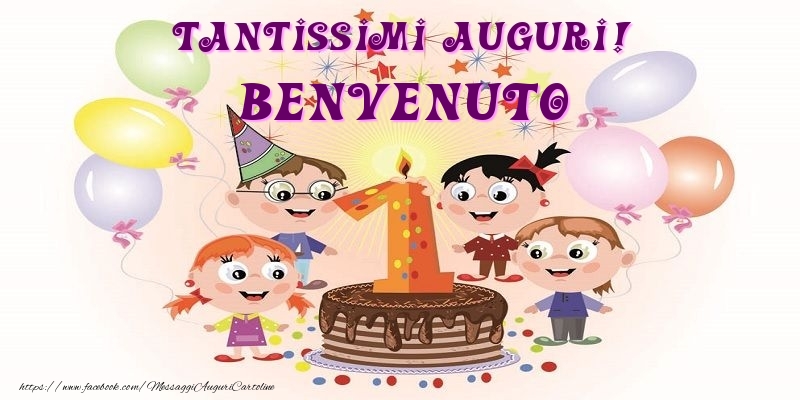Cartoline per bambini - Animazione & Palloncini & Torta | Tantissimi Auguri! Benvenuto