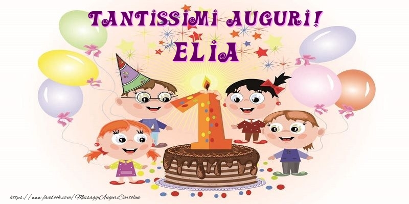 Cartoline per bambini - Animazione & Palloncini & Torta | Tantissimi Auguri! Elia