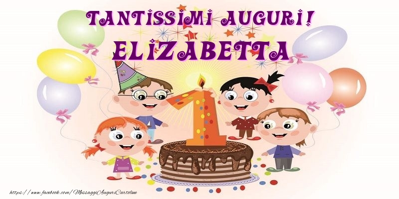 Cartoline per bambini - Animazione & Palloncini & Torta | Tantissimi Auguri! Elizabetta