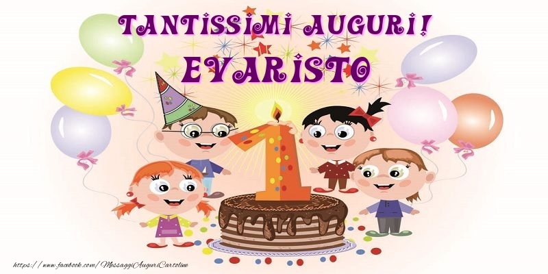 Cartoline per bambini - Animazione & Palloncini & Torta | Tantissimi Auguri! Evaristo