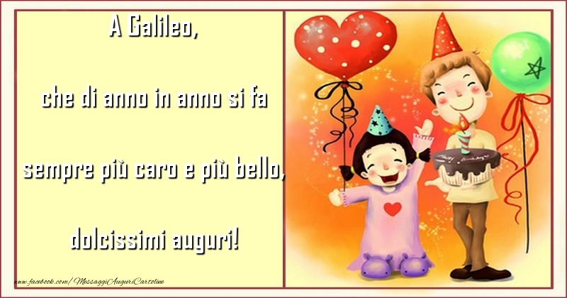 Cartoline per bambini - Animazione & Cuore & Palloncini | che di anno in anno si fa sempre più caro e più bello, dolcissimi auguri! Galileo