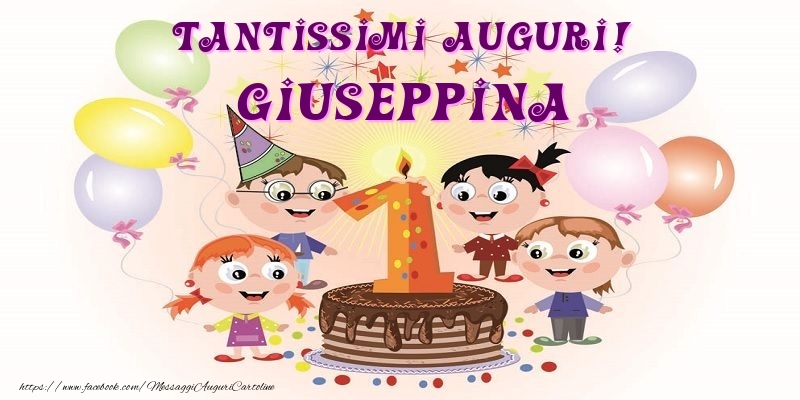 Cartoline per bambini - Animazione & Palloncini & Torta | Tantissimi Auguri! Giuseppina
