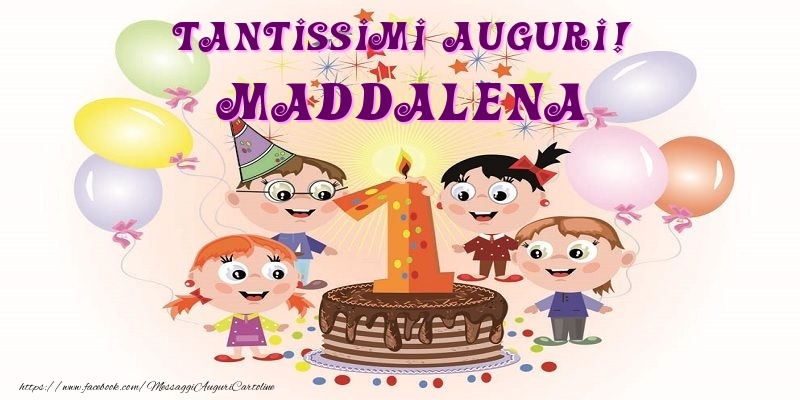 Cartoline per bambini - Animazione & Palloncini & Torta | Tantissimi Auguri! Maddalena