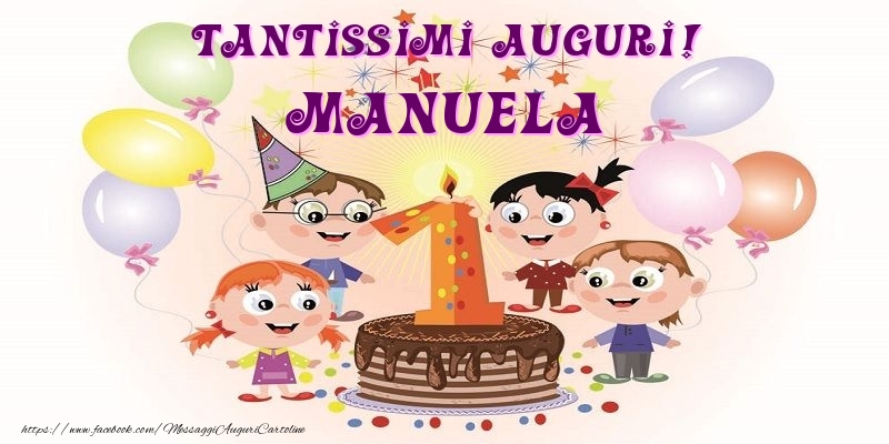 Cartoline per bambini - Animazione & Palloncini & Torta | Tantissimi Auguri! Manuela