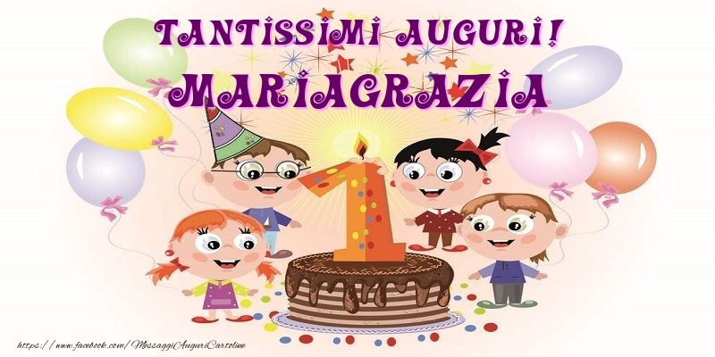 Cartoline per bambini - Animazione & Palloncini & Torta | Tantissimi Auguri! Mariagrazia