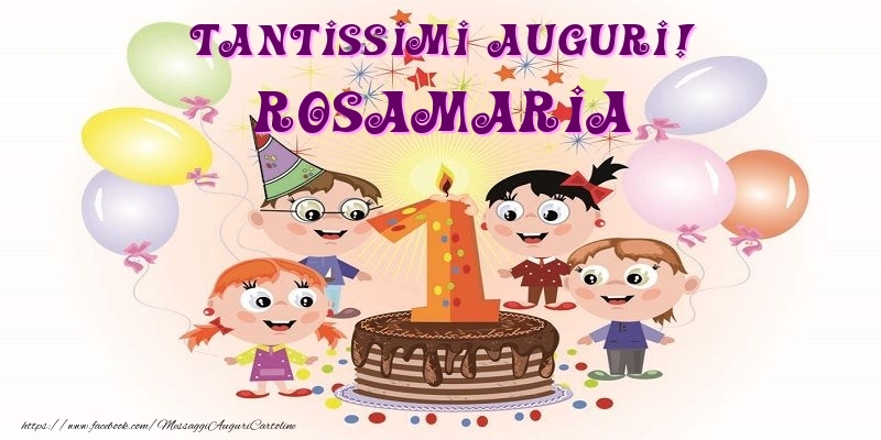 Cartoline per bambini - Animazione & Palloncini & Torta | Tantissimi Auguri! Rosamaria