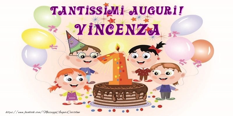 Cartoline per bambini - Animazione & Palloncini & Torta | Tantissimi Auguri! Vincenza