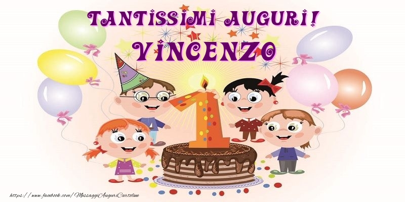 Cartoline per bambini - Animazione & Palloncini & Torta | Tantissimi Auguri! Vincenzo