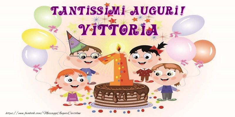 Cartoline per bambini - Animazione & Palloncini & Torta | Tantissimi Auguri! Vittoria