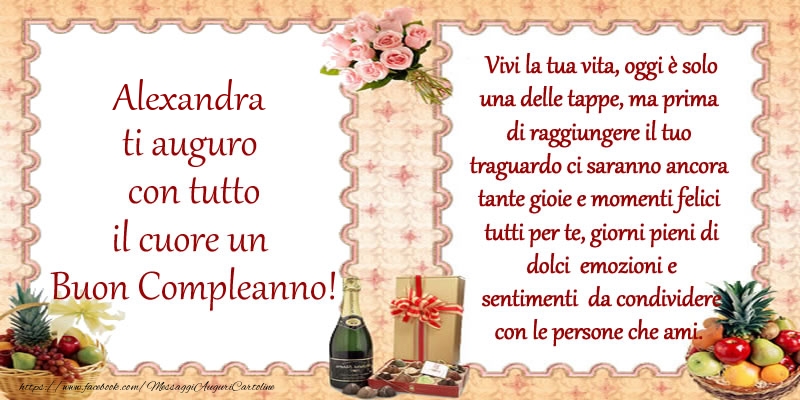 Cartoline di compleanno - Champagne & Mazzo Di Fiori | Alexandra ti auguro con tutto il cuore un Buon Compleanno!