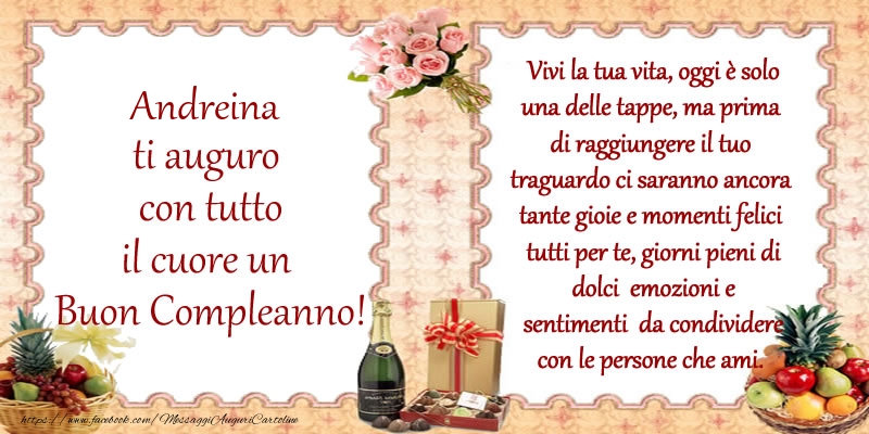 Cartoline di compleanno - Champagne & Mazzo Di Fiori | Andreina ti auguro con tutto il cuore un Buon Compleanno!