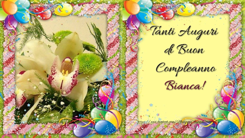 Cartoline di compleanno - Champagne & Mazzo Di Fiori & Palloncini | Tanti Auguri di Buon Compleanno, Bianca