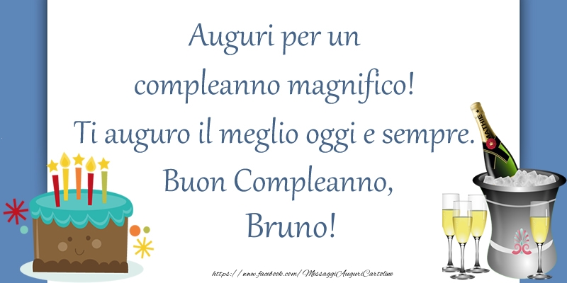 Cartoline di compleanno - Champagne & Torta | Auguri per un compleanno magnifico! Ti auguro il meglio oggi e sempre. Buon Compleanno, Bruno!