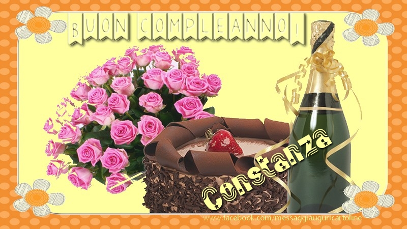 Cartoline di compleanno - Champagne & Mazzo Di Fiori & Rose | Buon compleanno Constanza