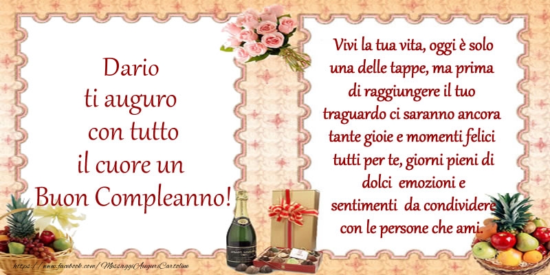 Cartoline di compleanno - Champagne & Mazzo Di Fiori | Dario ti auguro con tutto il cuore un Buon Compleanno!