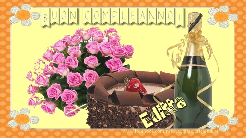 Cartoline di compleanno - Champagne & Mazzo Di Fiori & Rose | Buon compleanno Editta