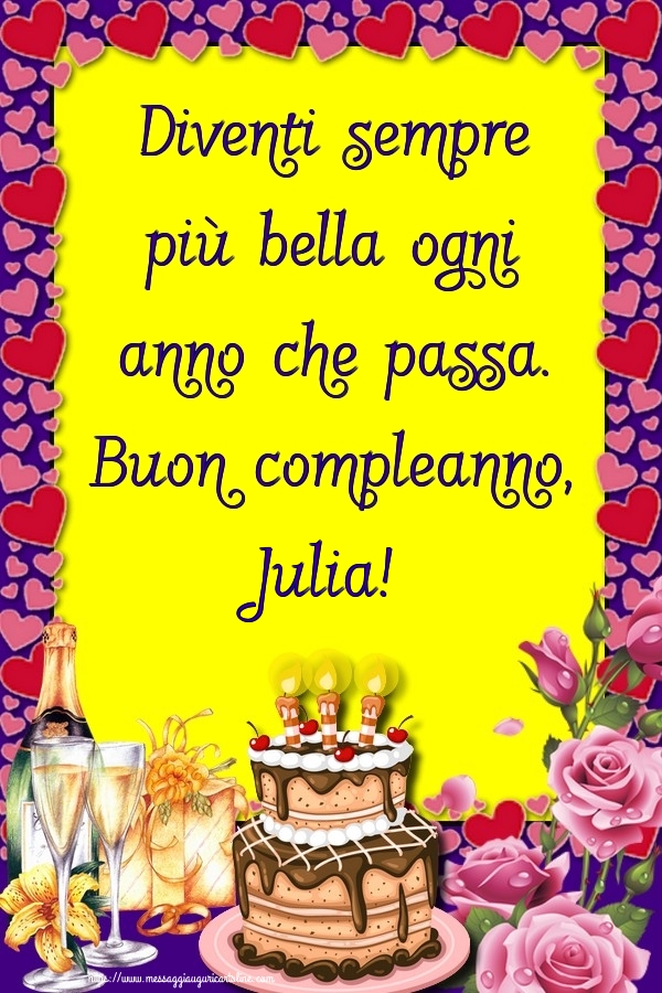 Cartoline di compleanno - Champagne & Rose & Torta | Diventi sempre più bella ogni anno che passa. Buon compleanno, Julia!