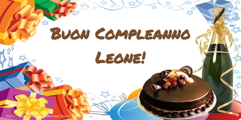 Cartoline di compleanno - Champagne & Regalo & Torta | Buon Compleanno Leone!