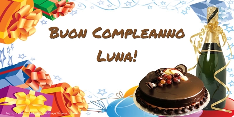 Cartoline di compleanno - Champagne & Regalo & Torta | Buon Compleanno Luna!