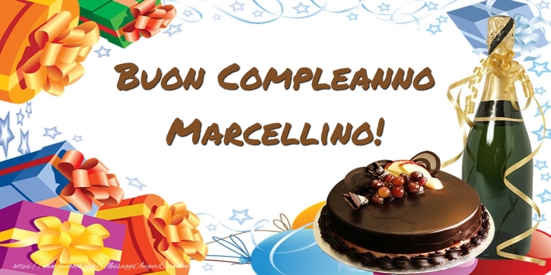 Cartoline di compleanno - Champagne & Regalo & Torta | Buon Compleanno Marcellino!