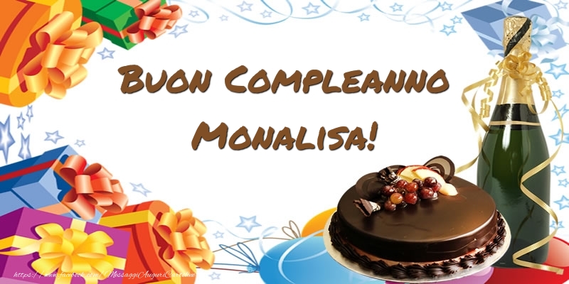 Cartoline di compleanno - Champagne & Regalo & Torta | Buon Compleanno Monalisa!