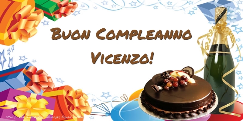 Cartoline di compleanno - Champagne & Regalo & Torta | Buon Compleanno Vicenzo!