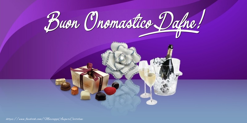 Cartoline di onomastico - Champagne & Fiori & Regalo | Buon Onomastico Dafne!