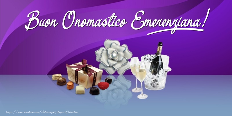 Cartoline di onomastico - Champagne & Fiori & Regalo | Buon Onomastico Emerenziana!