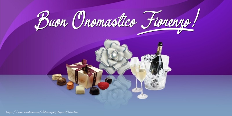Cartoline di onomastico - Champagne & Fiori & Regalo | Buon Onomastico Fiorenzo!