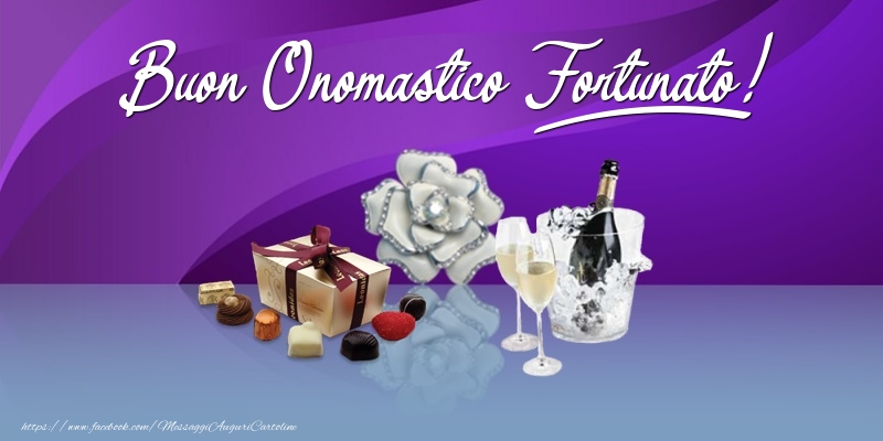 Cartoline di onomastico - Champagne & Fiori & Regalo | Buon Onomastico Fortunato!