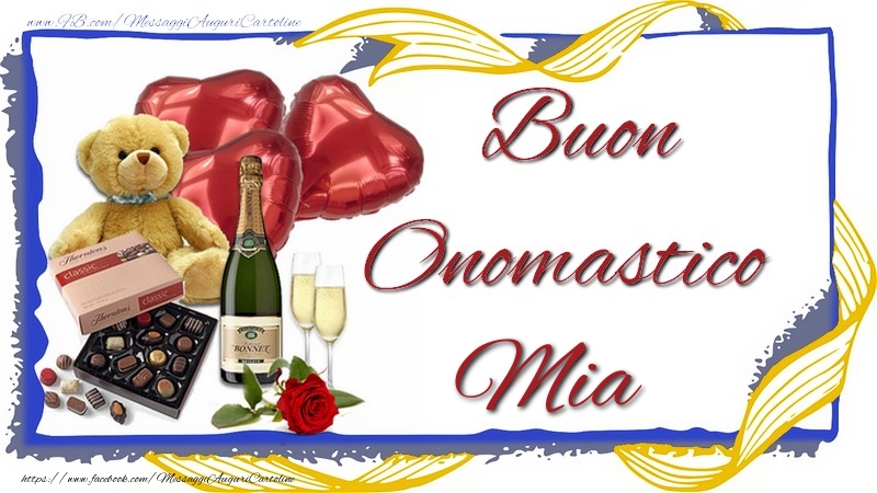 Cartoline di onomastico - Animali & Champagne & Regalo | Buon Onomastico Mia