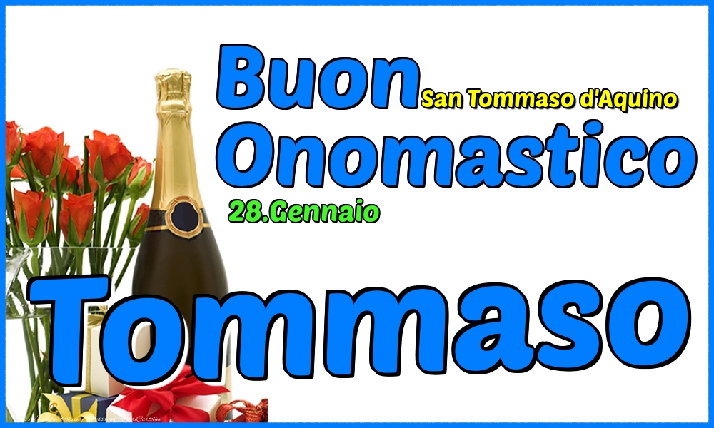 Cartoline di onomastico - Champagne & Rose | 28.Gennaio - Buon Onomastico Tommaso!