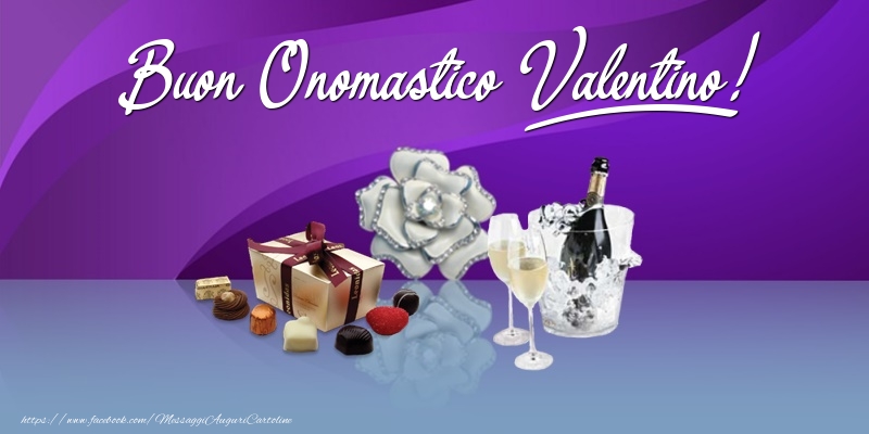 Cartoline di onomastico - Champagne & Fiori & Regalo | Buon Onomastico Valentino!