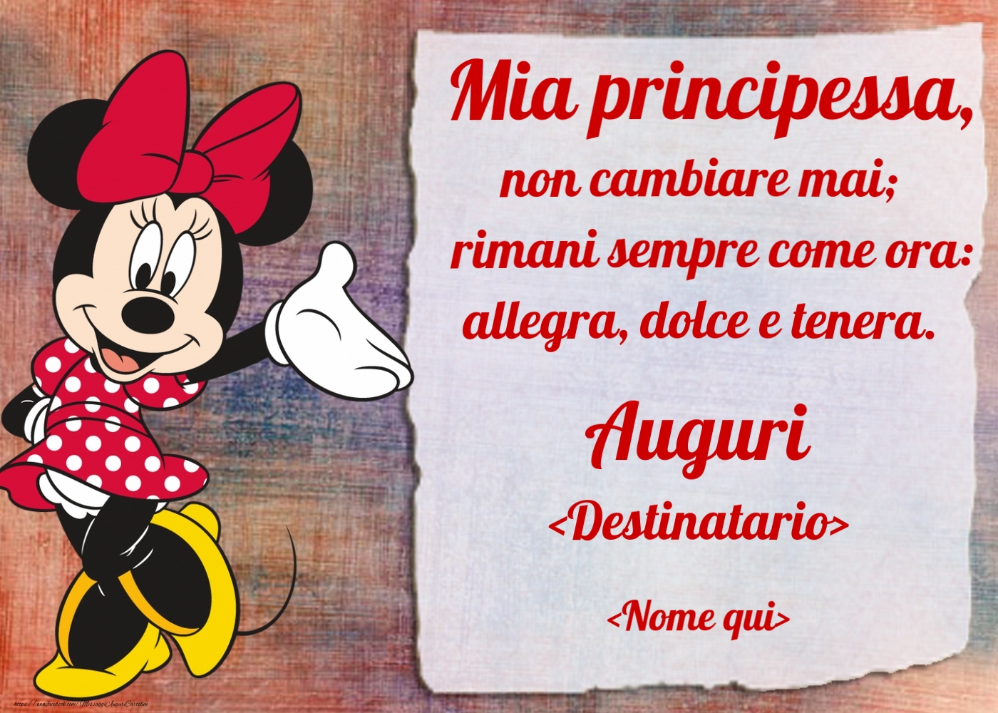 Cartoline personalizzate per bambini - Mia principessa,  non cambiare mai - Modella con Minnie Mouse per bambina